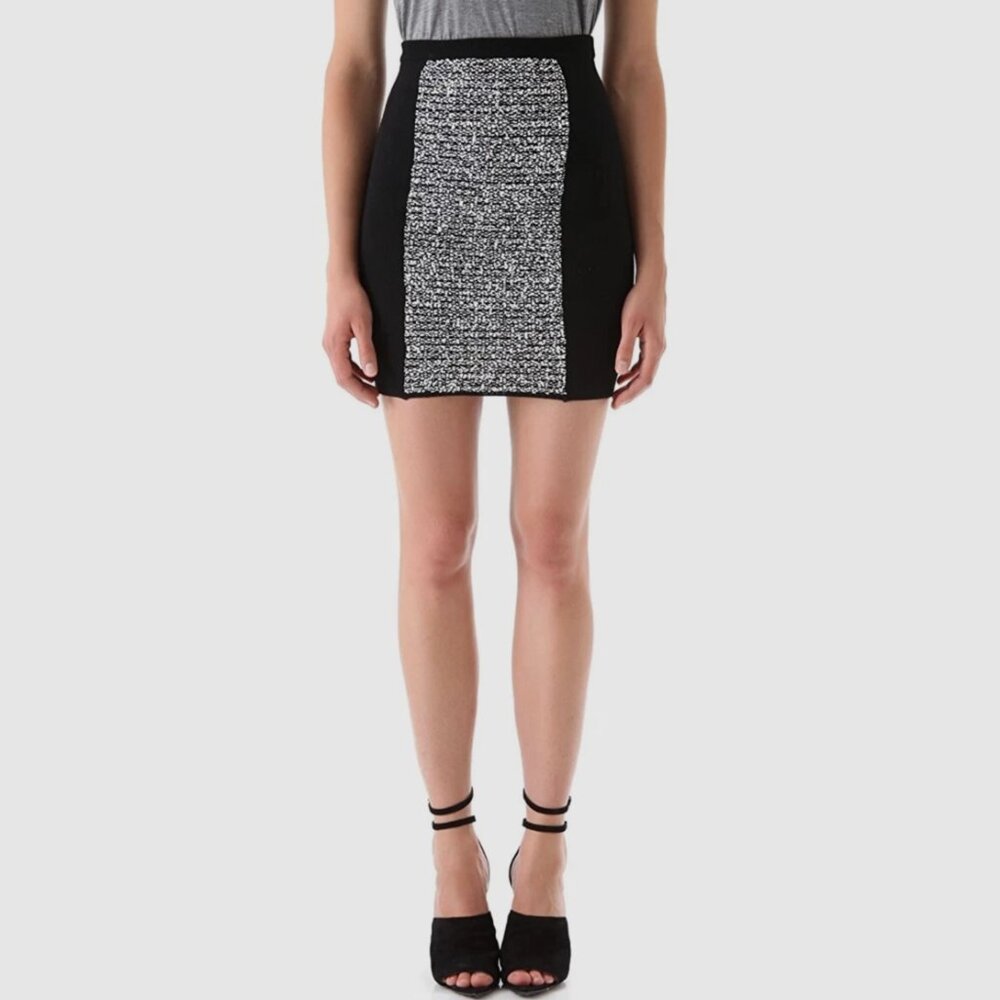 Alexander Wang Black White Wool Tweed Knit Bodycon Stretch Mini Skirt Size Large
